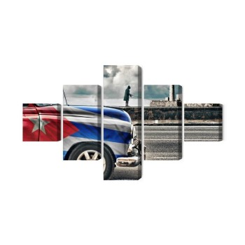 Mehrteiliges Bild Ein Auto Mit Kubanischer Flagge Auf Den Straßen Von Havanna