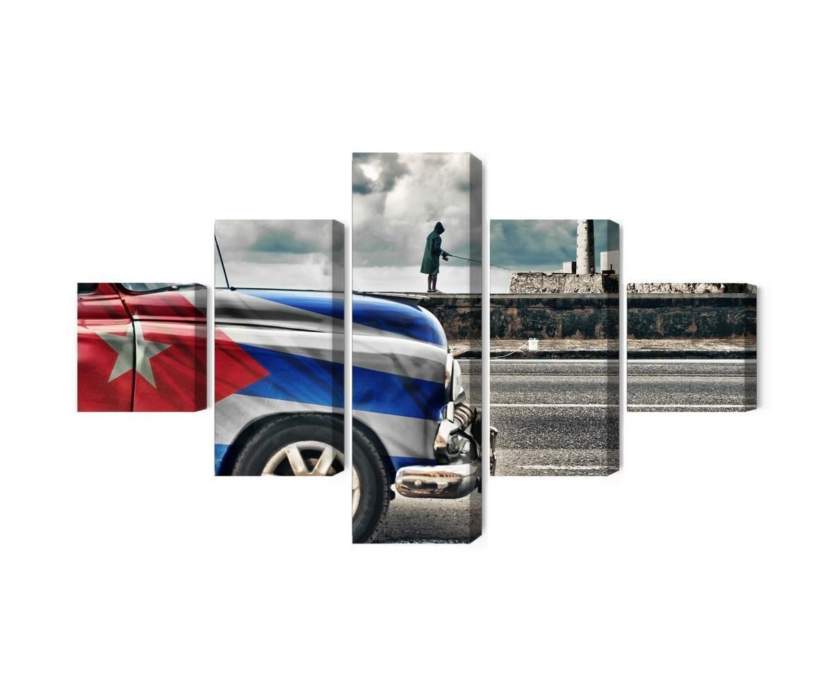 Mehrteiliges Bild Ein Auto Mit Kubanischer Flagge Auf Den Straßen Von Havanna