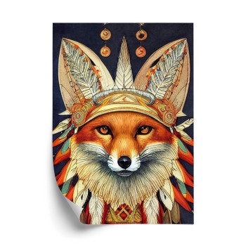 Poster Red Tribal Fox Portrait. Vintage Hand Drawn For T-Shirt  Poster  Clothes.