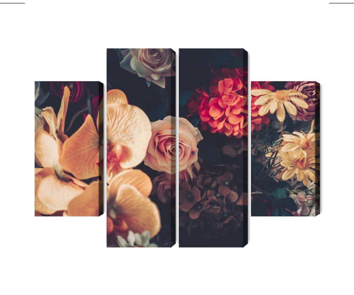 Mehrteiliges Bild Mehrfarbige Blumen Im Vintage-Stil