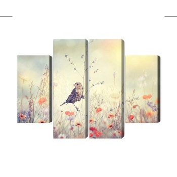 Mehrteiliges Bild Ein Vogel Unter Wilden Blumen