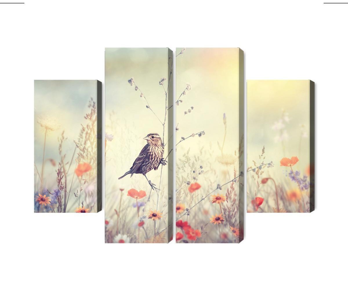 Mehrteiliges Bild Ein Vogel Unter Wilden Blumen
