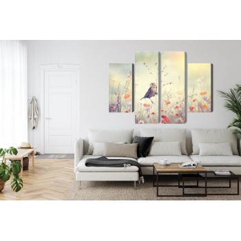 Mehrteiliges Bild Ein Vogel Unter Wilden Blumen