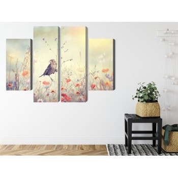 Mehrteiliges Bild Ein Vogel Unter Wilden Blumen