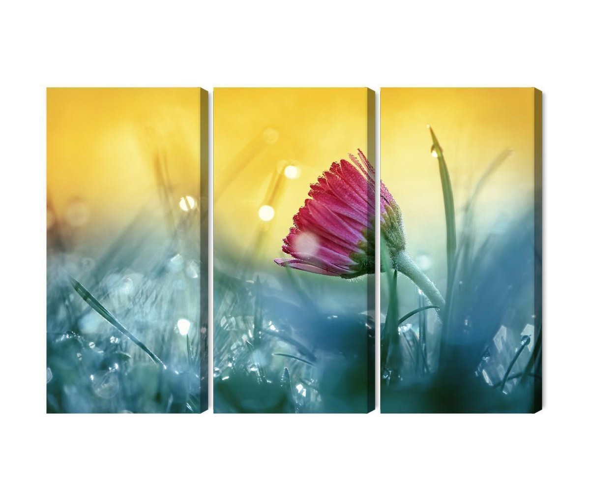Mehrteiliges Bild Rosa Blume Auf Einer 3D-Wiese