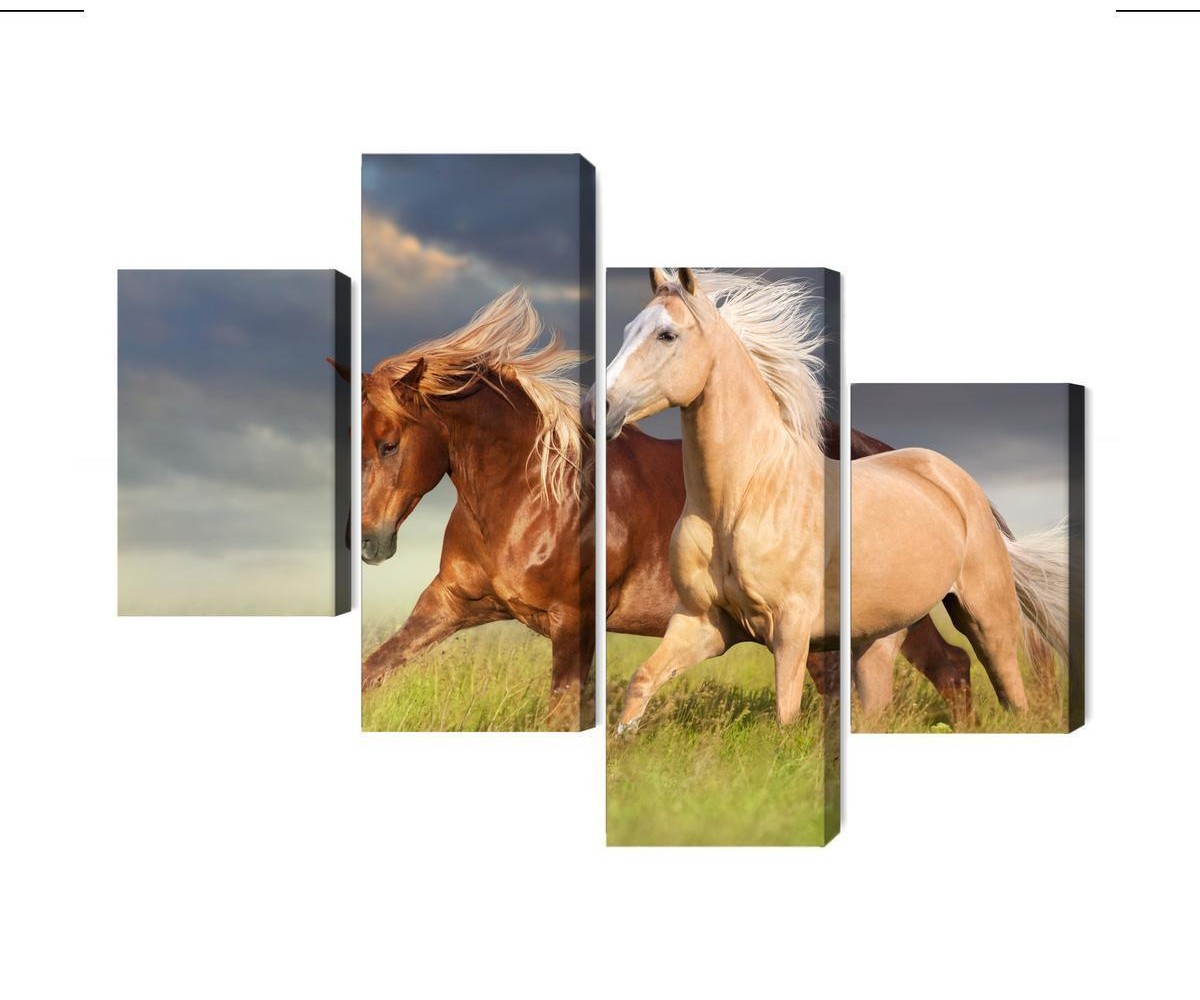 Mehrteiliges Bild Pferde Im Galopp Auf Einer 3D-Wiese