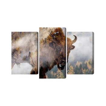 Mehrteiliges Bild Ein Bison Auf Dem Hintergrund Eines Nebligen Waldes
