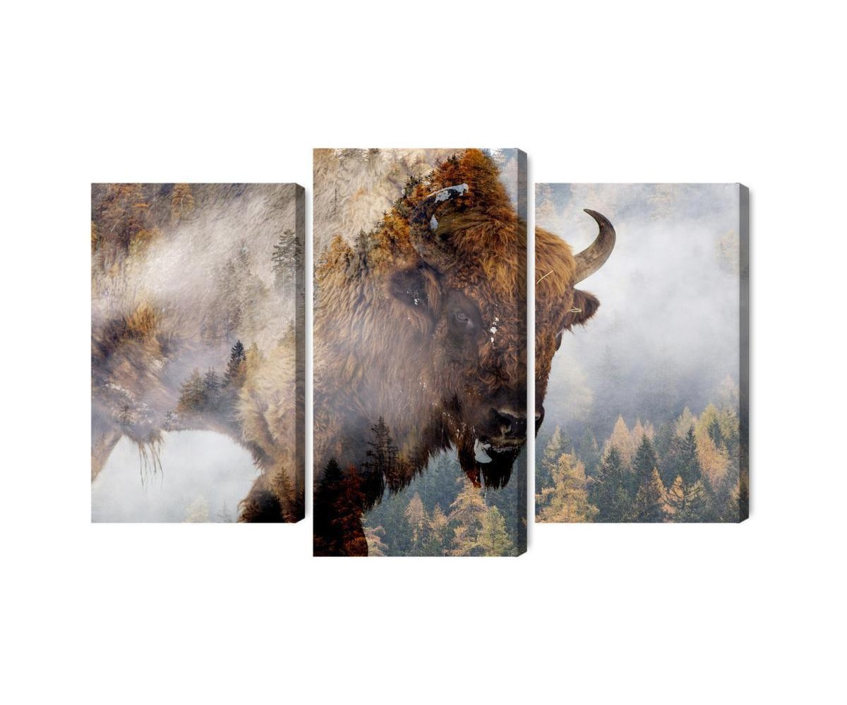 Mehrteiliges Bild Ein Bison Auf Dem Hintergrund Eines Nebligen Waldes