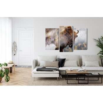 Mehrteiliges Bild Ein Bison Auf Dem Hintergrund Eines Nebligen Waldes