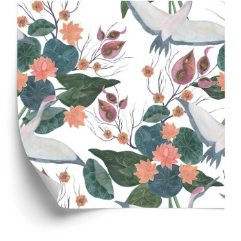Tapete Fliegende Kraniche Und Blumen
