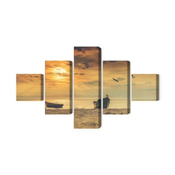 Mehrteiliges Bild Boote Am Strand Bei Sonnenuntergang
