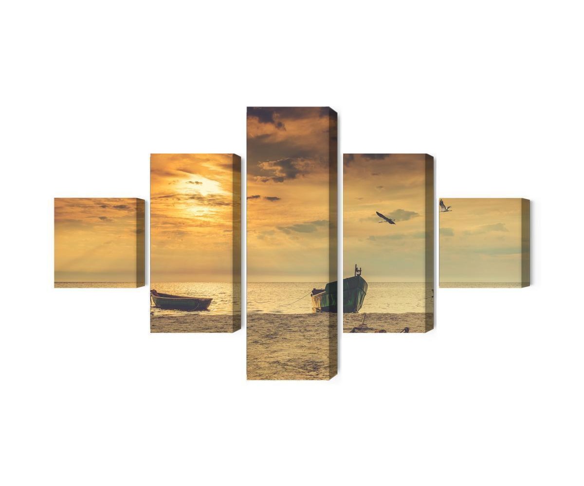 Mehrteiliges Bild Boote Am Strand Bei Sonnenuntergang