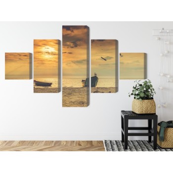 Mehrteiliges Bild Boote Am Strand Bei Sonnenuntergang