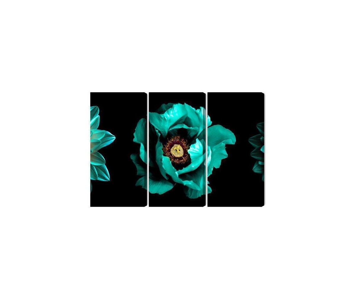 Mehrteiliges Bild Türkisfarbene Blumen Auf Schwarzem Hintergrund
