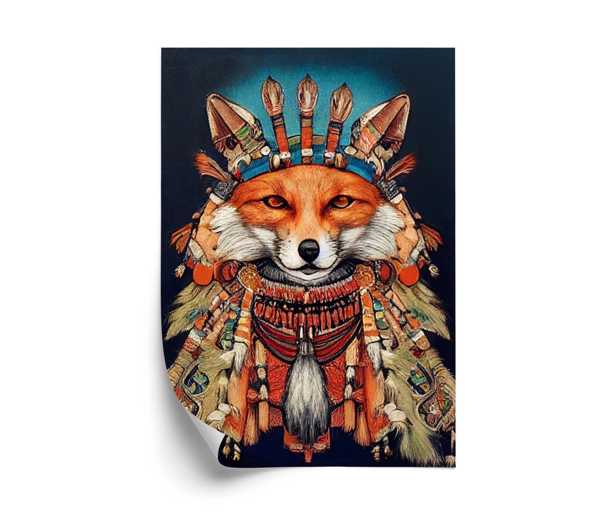 Poster Red Tribal Fox Portrait. Vintage Hand Drawn For T-Shirt  Poster  Clothes.