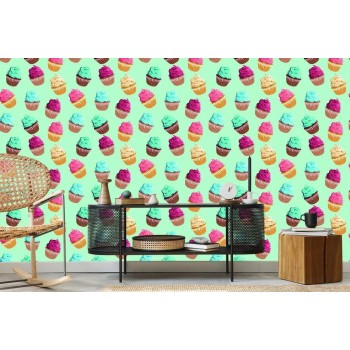 Tapete Retro Muster - Bunte Muffins Mintfarben