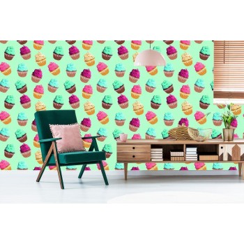 Tapete Retro Muster - Bunte Muffins Mintfarben