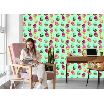 Tapete Retro Muster - Bunte Muffins Mintfarben