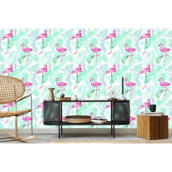 Tapete Flamingos Und Exotische Blätter In Pastellfarben