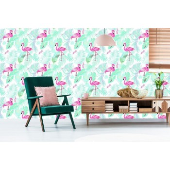 Tapete Flamingos Und Exotische Blätter In Pastellfarben