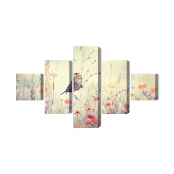 Mehrteiliges Bild Ein Vogel Unter Wilden Blumen