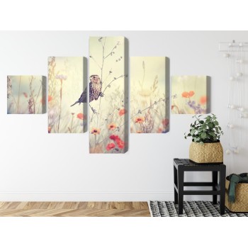 Mehrteiliges Bild Ein Vogel Unter Wilden Blumen