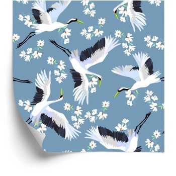 Tapete Fliegende Kraniche Unter Blumen