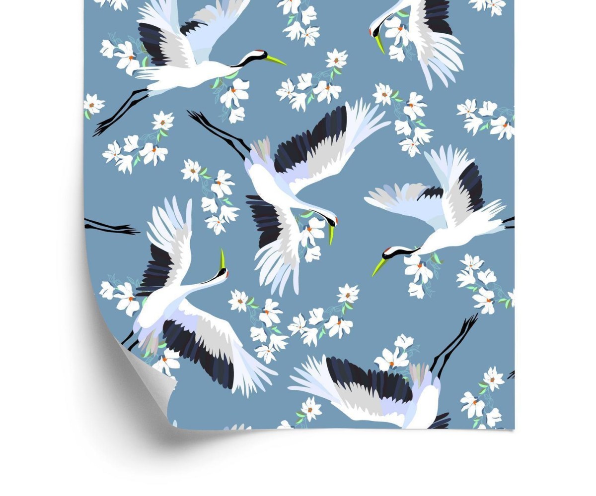 Tapete Fliegende Kraniche Unter Blumen