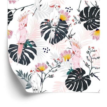 Tapete Papageien Tropenblätter Und Blumen