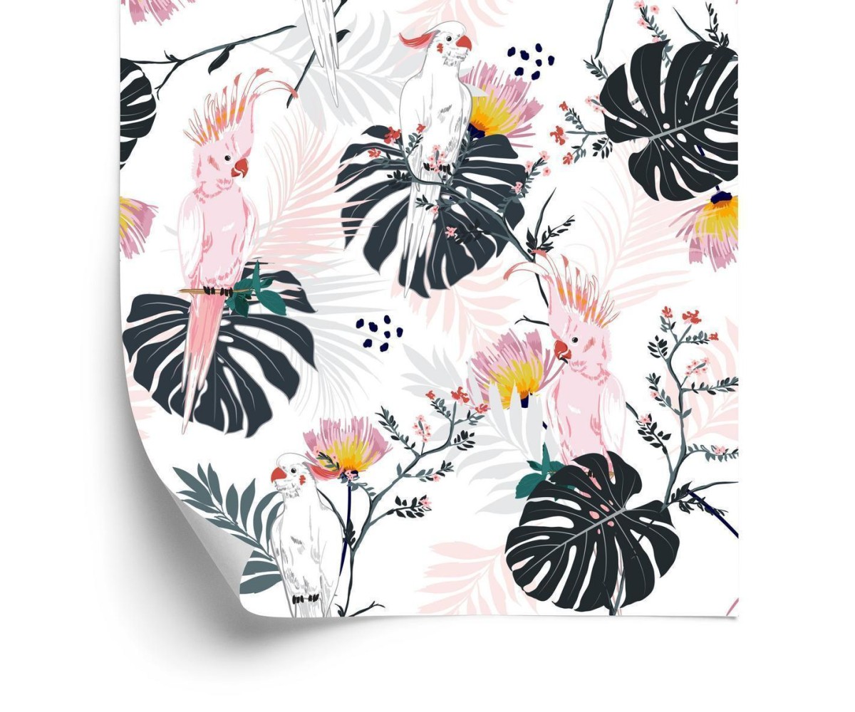 Tapete Papageien Tropenblätter Und Blumen