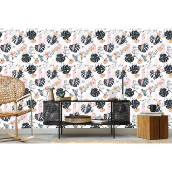 Tapete Papageien Tropenblätter Und Blumen