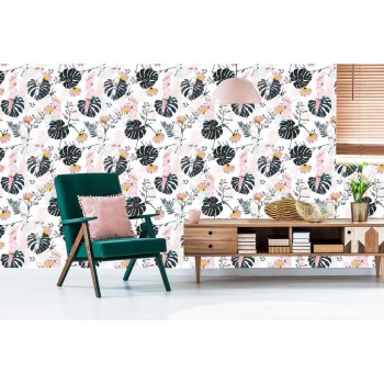 Tapete Papageien Tropenblätter Und Blumen