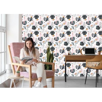 Tapete Papageien Tropenblätter Und Blumen
