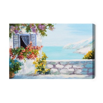 Leinwandbild Meer Mit Haus Und Blumen