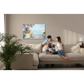 Leinwandbild Meer Mit Haus Und Blumen