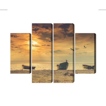 Mehrteiliges Bild Boote Am Strand Bei Sonnenuntergang