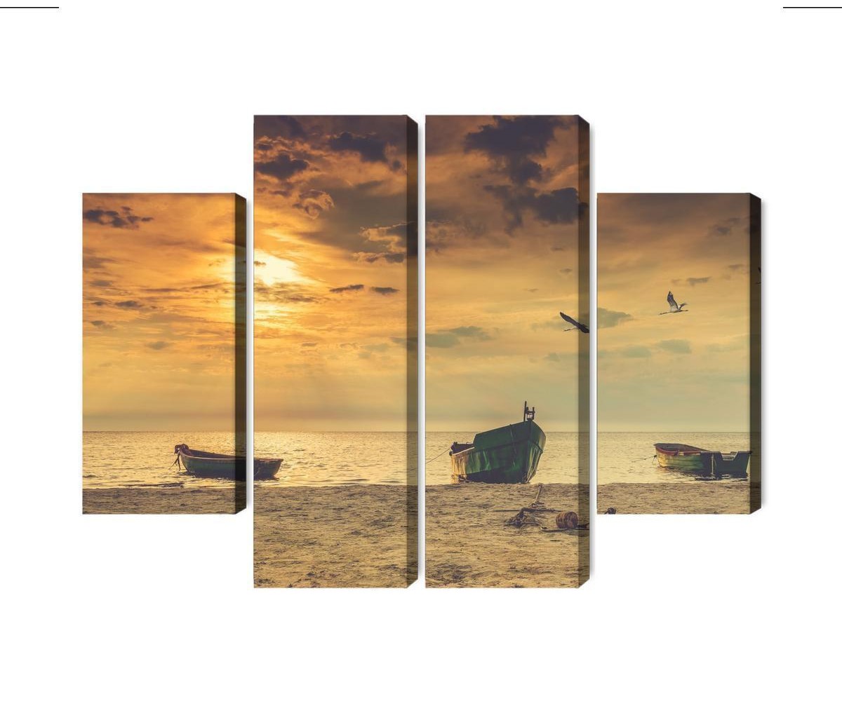 Mehrteiliges Bild Boote Am Strand Bei Sonnenuntergang
