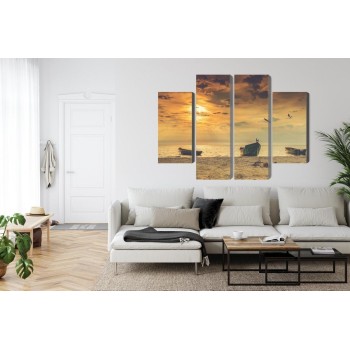 Mehrteiliges Bild Boote Am Strand Bei Sonnenuntergang