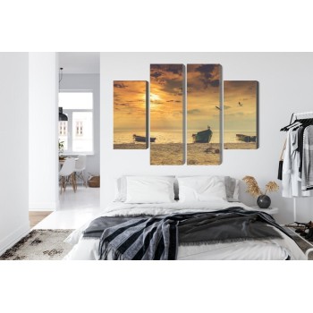 Mehrteiliges Bild Boote Am Strand Bei Sonnenuntergang