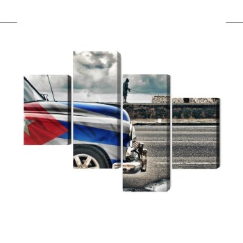 Mehrteiliges Bild Ein Auto Mit Kubanischer Flagge Auf Den Straßen Von Havanna