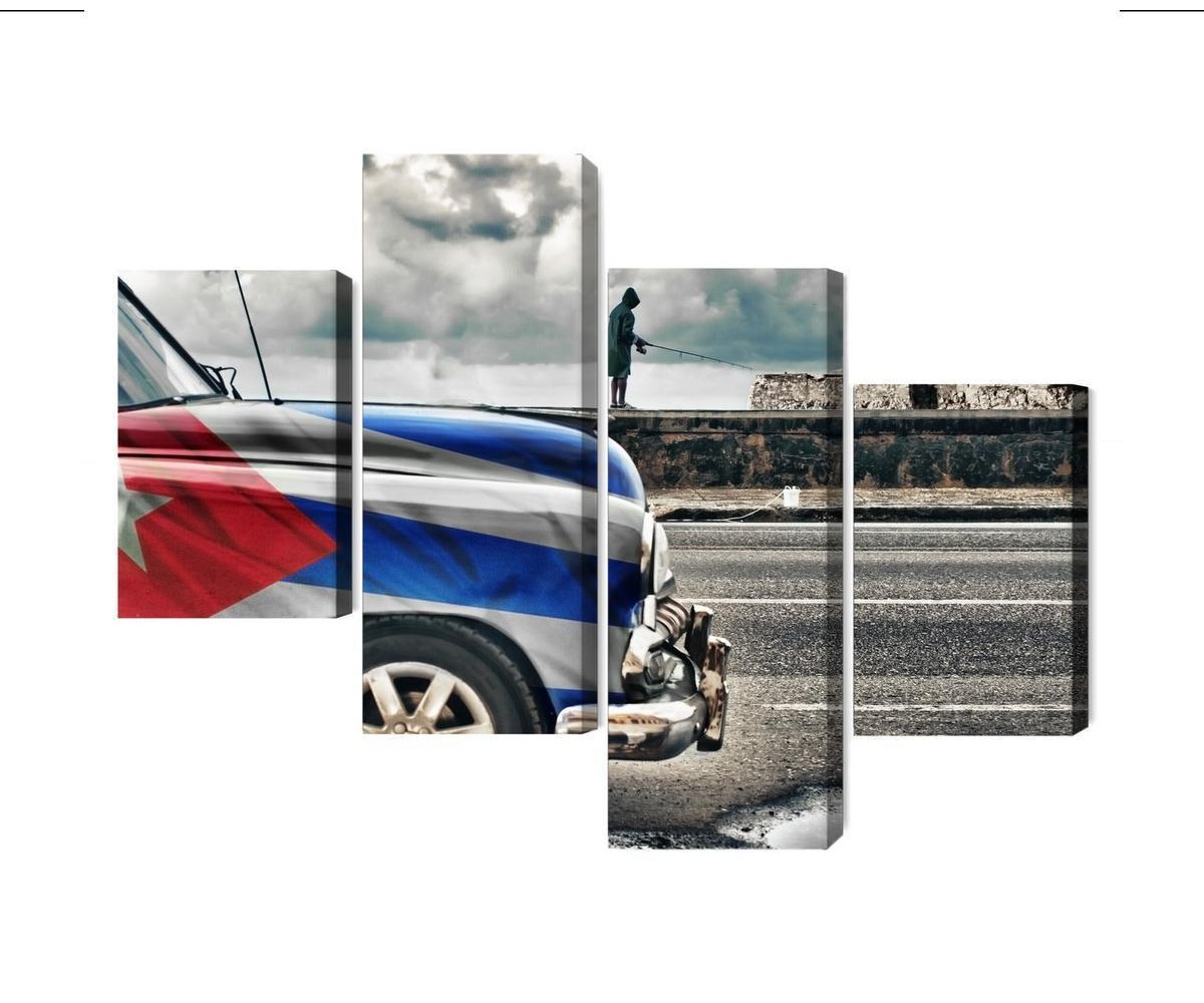 Mehrteiliges Bild Ein Auto Mit Kubanischer Flagge Auf Den Straßen Von Havanna