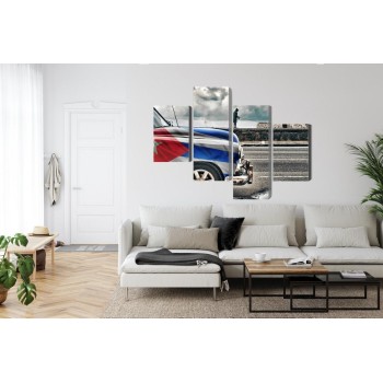 Mehrteiliges Bild Ein Auto Mit Kubanischer Flagge Auf Den Straßen Von Havanna