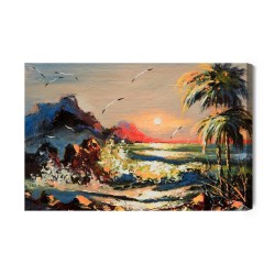 Leinwandbild Gemalte Landschaft Mit Sonnenuntergang