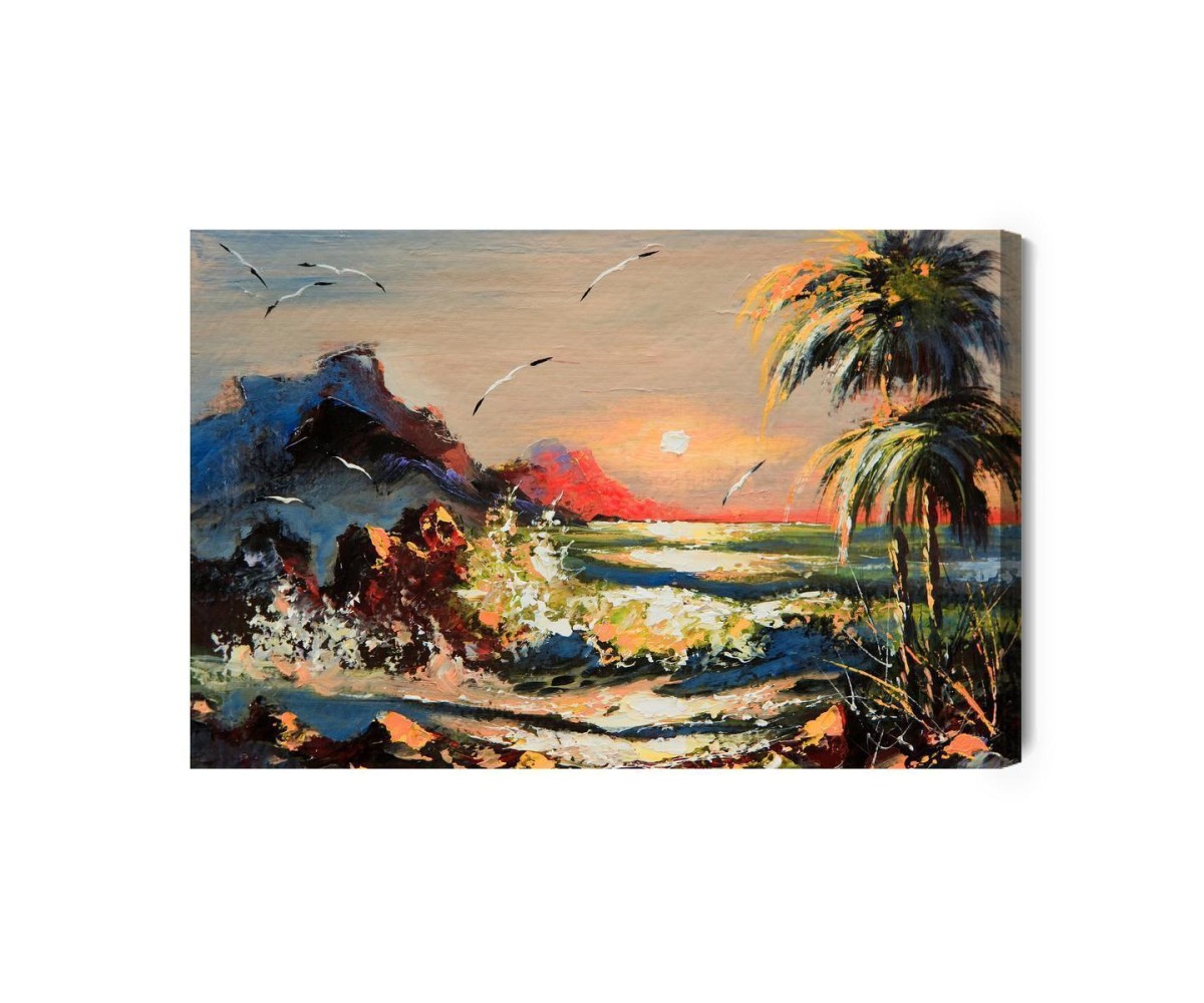 Leinwandbild Gemalte Landschaft Mit Sonnenuntergang
