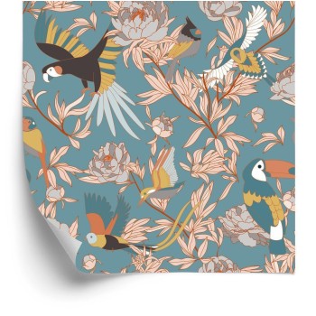 Tapete Blätter  Blumen Und Exotische Vögel
