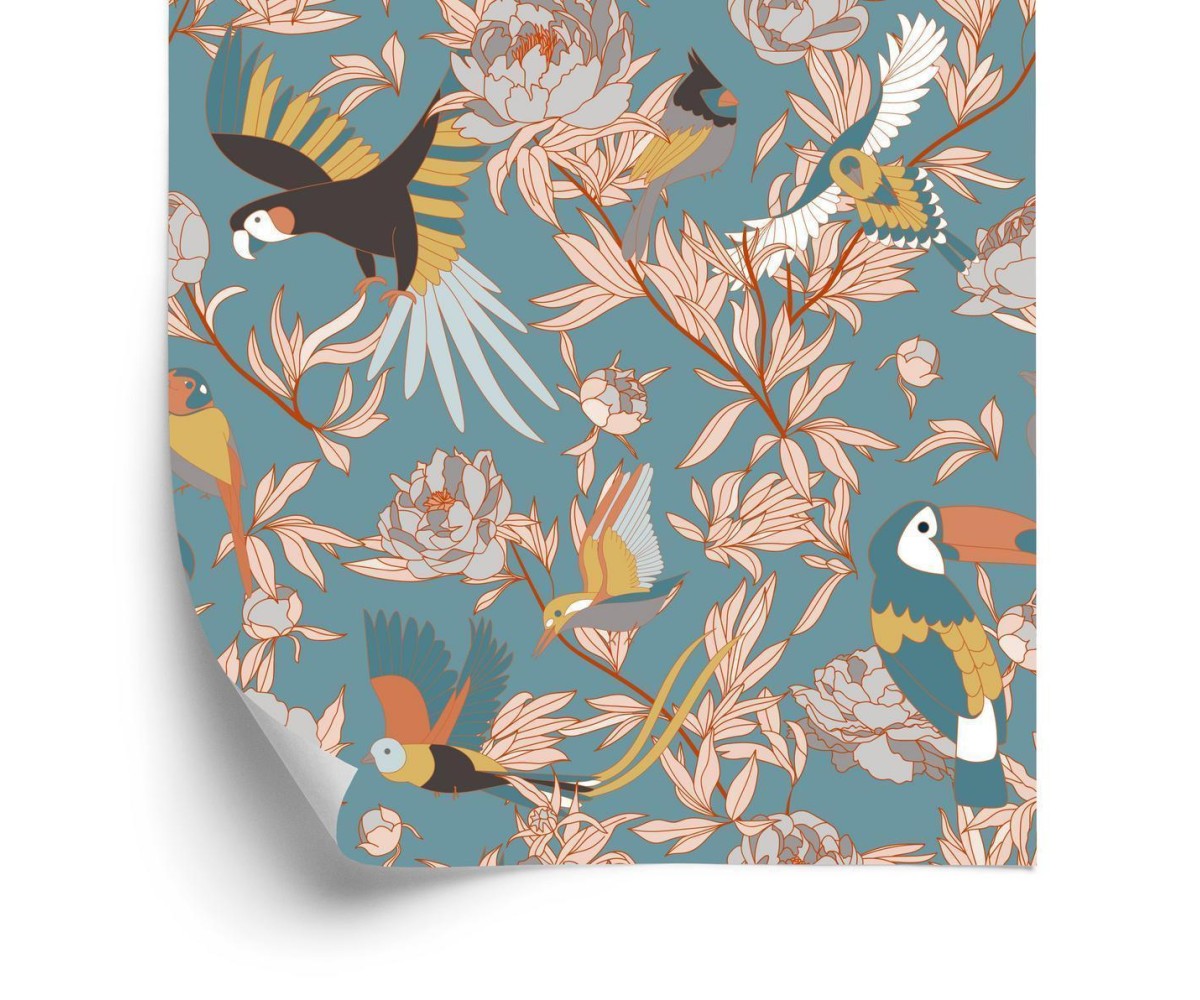 Tapete Blätter  Blumen Und Exotische Vögel