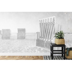 Fototapete Ostsee Strandkörbe Schwarz  Weiß