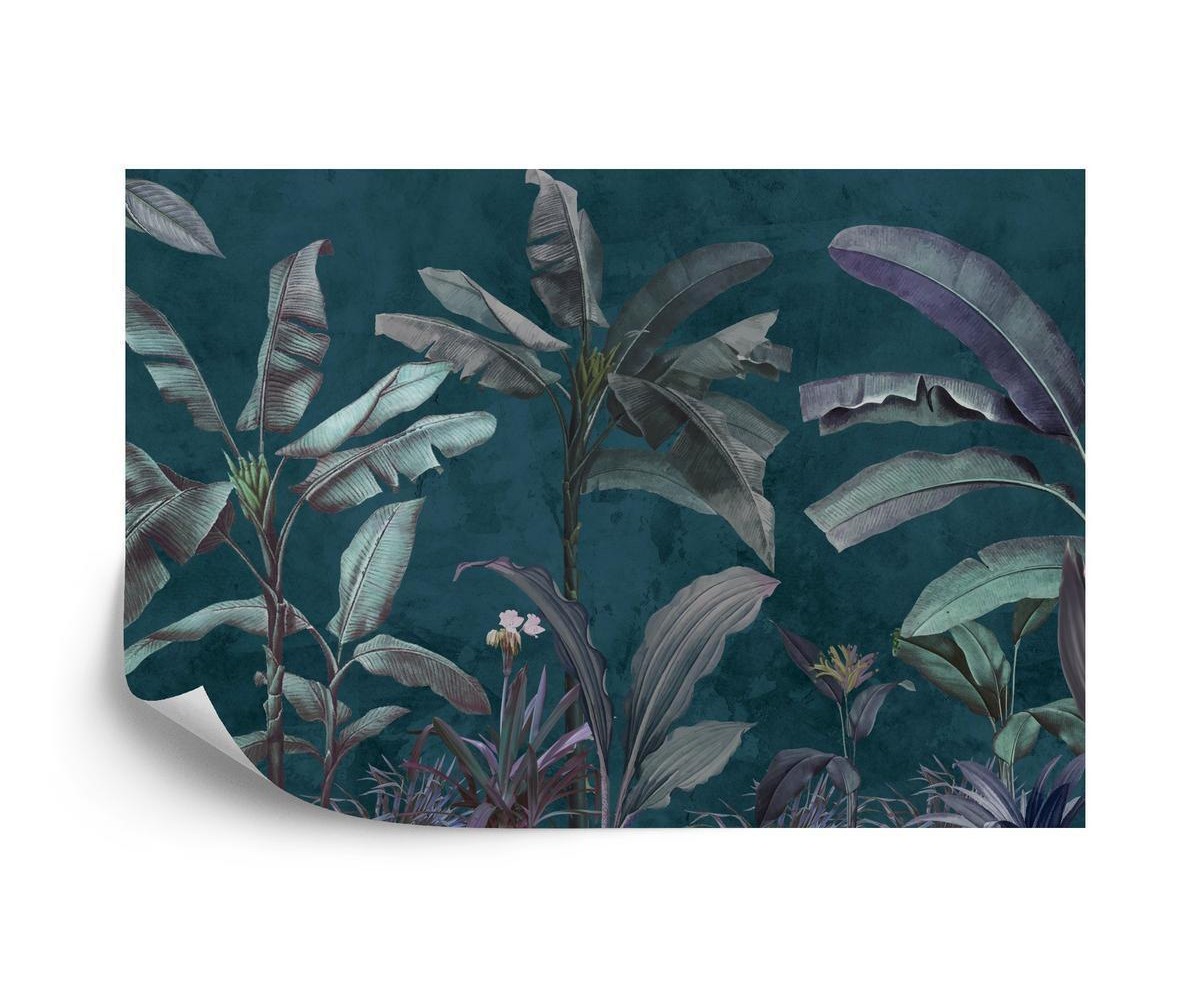 Fototapete Tropical Trees Wallpaper Design  Banana Trees And Plants  Dark Background  Pattern Design  Mural Art.