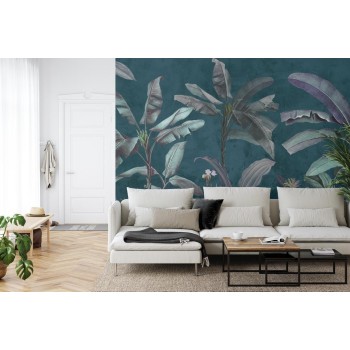 Fototapete Tropical Trees Wallpaper Design  Banana Trees And Plants  Dark Background  Pattern Design  Mural Art.