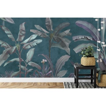 Fototapete Tropical Trees Wallpaper Design  Banana Trees And Plants  Dark Background  Pattern Design  Mural Art.